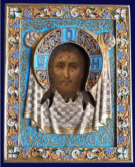 Оклад иконы Спасителя работы фабрики Овчинникова с русской перегородчатой эмалью