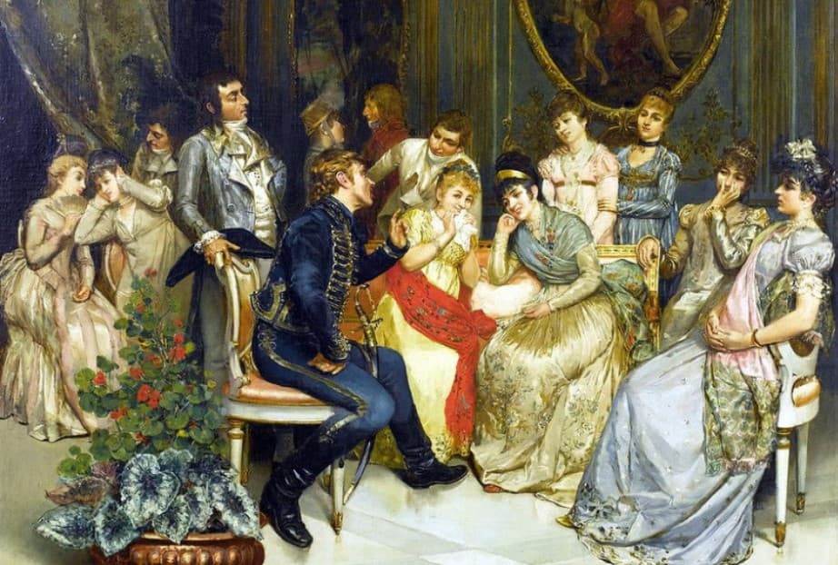 Французские военные офицеры эпохи Наполеона общаются с дамами на балу