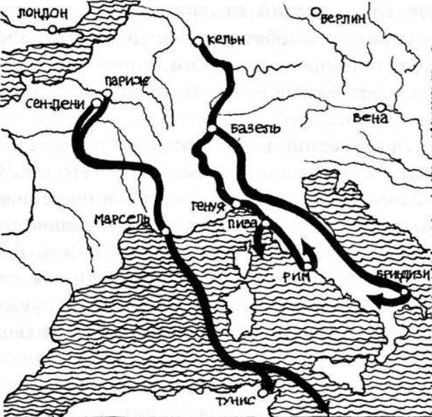 Карта детского крестового похода 1212 года &mdash; маршруты французского и немецкого движений