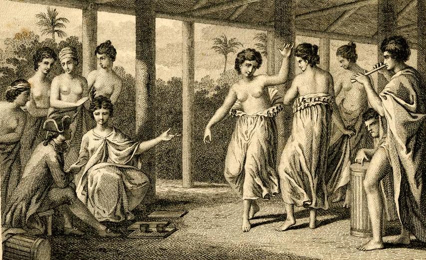 Моряк и островитянки. Гравюра XIX века