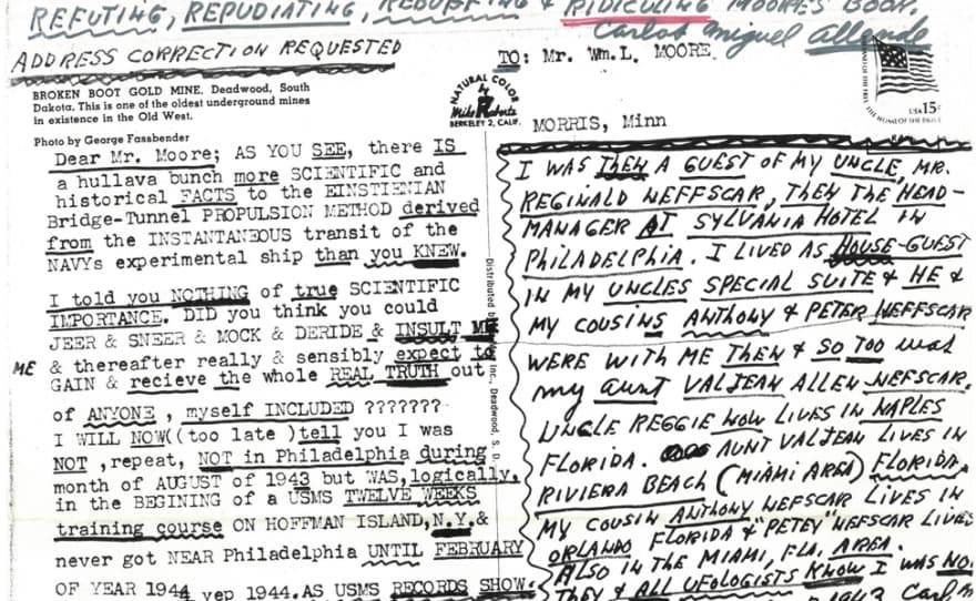 Письмо Карлоса Альенде писателю Уильяму Муру разноцветными карандашами