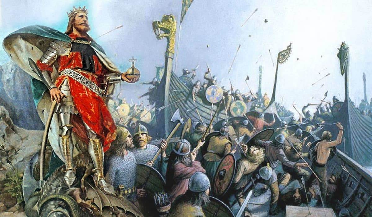 Король Олаф Харальдссон с боевым топором на фоне драккара