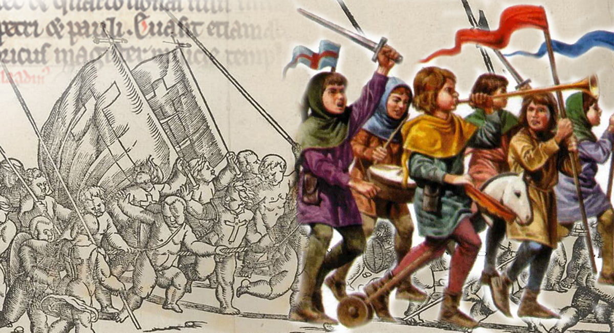 Детский крестовый поход 1212 года &mdash; дети с крестами идут по дороге, средневековая иллюстрация