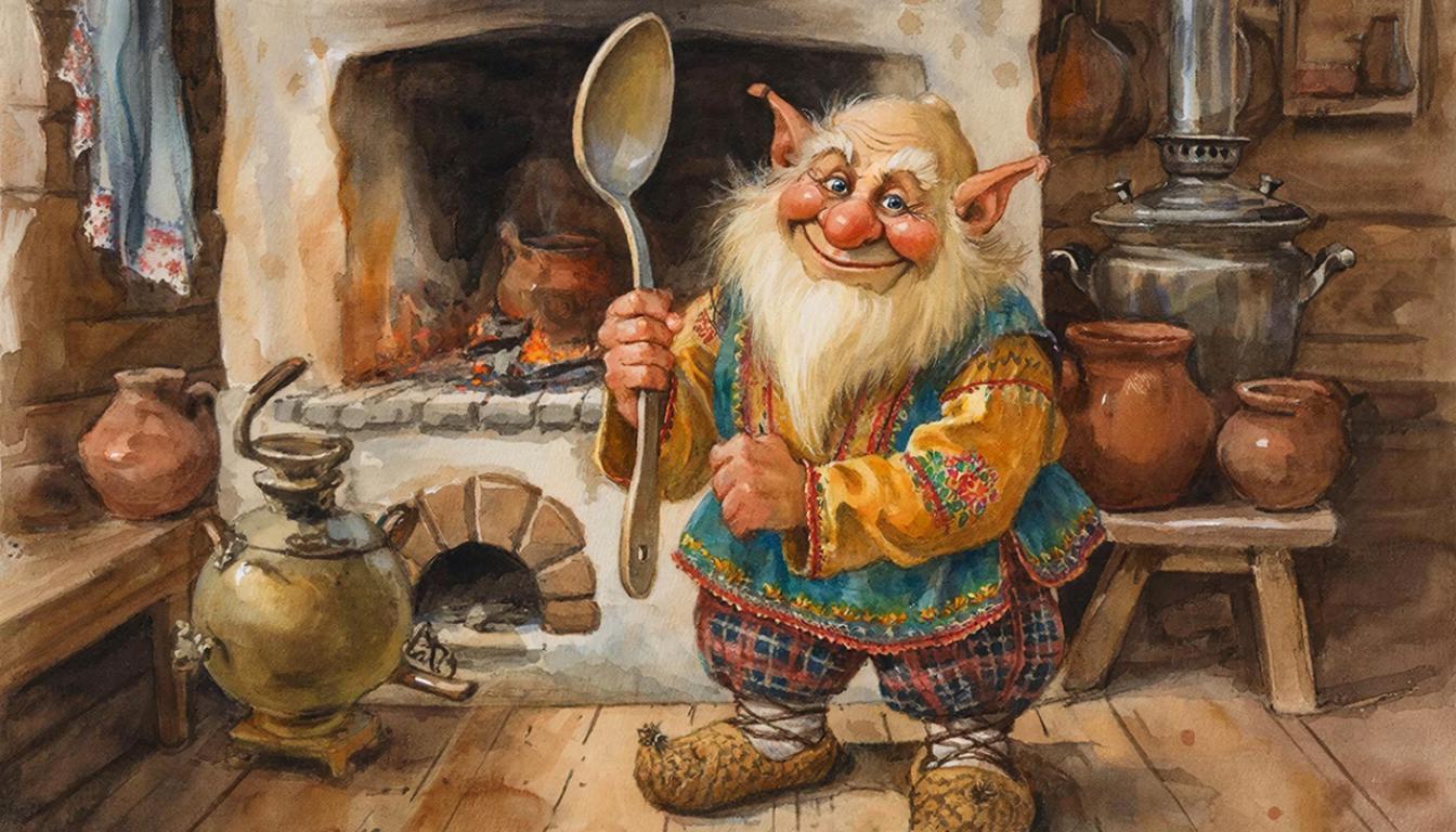 Рисунок с изображением домового в русской избе