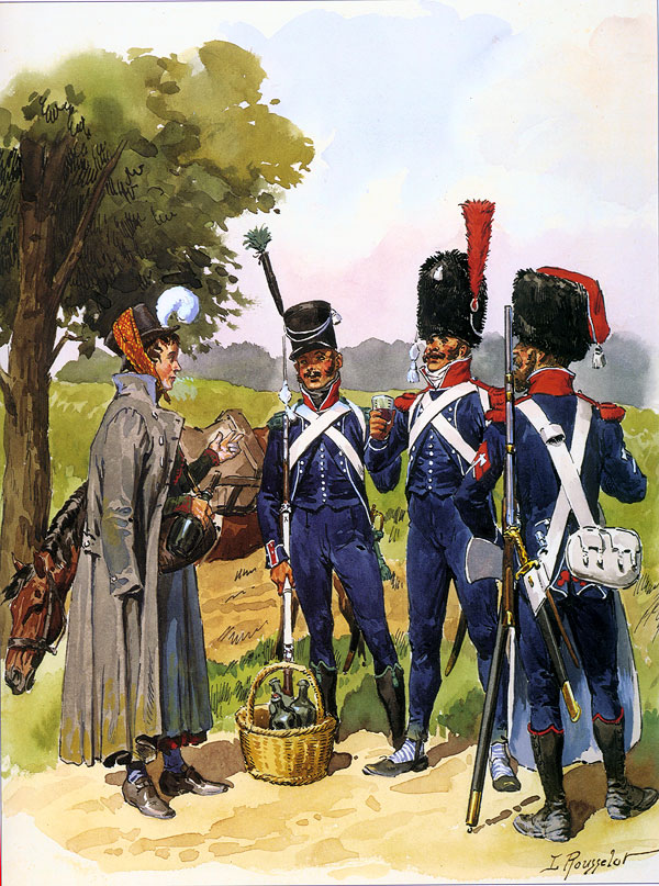 Маркитантка виванд'єр с бочонком вина и французские солдаты наполеоновской армии