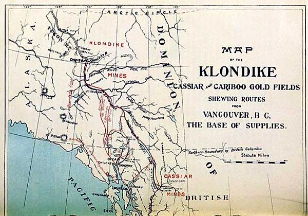 Карта Клондайка и золотых приисков Юкона, золотая лихорадка 1897 года