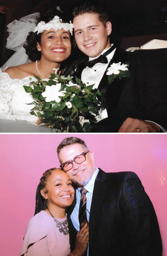 Вверху молодая пара на свадьбе в 90-е, внизу &mdash; та же пара спустя годы с улыбками