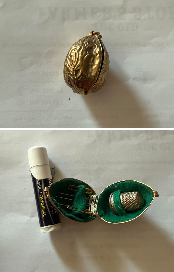 Золотая шкатулка в форме ореха с швейными принадлежностями