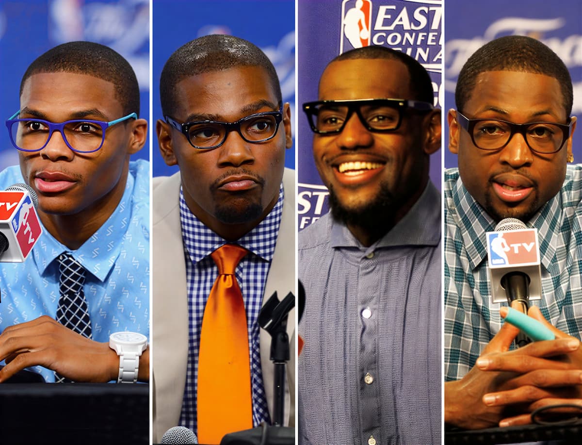 Игроки NBA в толстых очках без диоптрий на пресс-конференции 2010-е годы