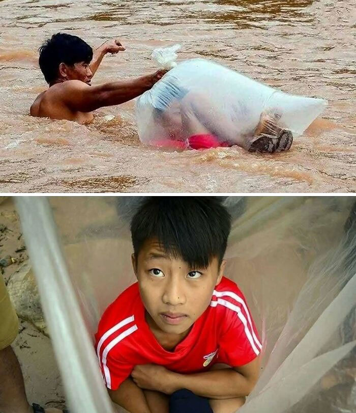 Мужчина тянет через реку ребёнка в прозрачном пластиковом мешке — Вьетнам, горный район