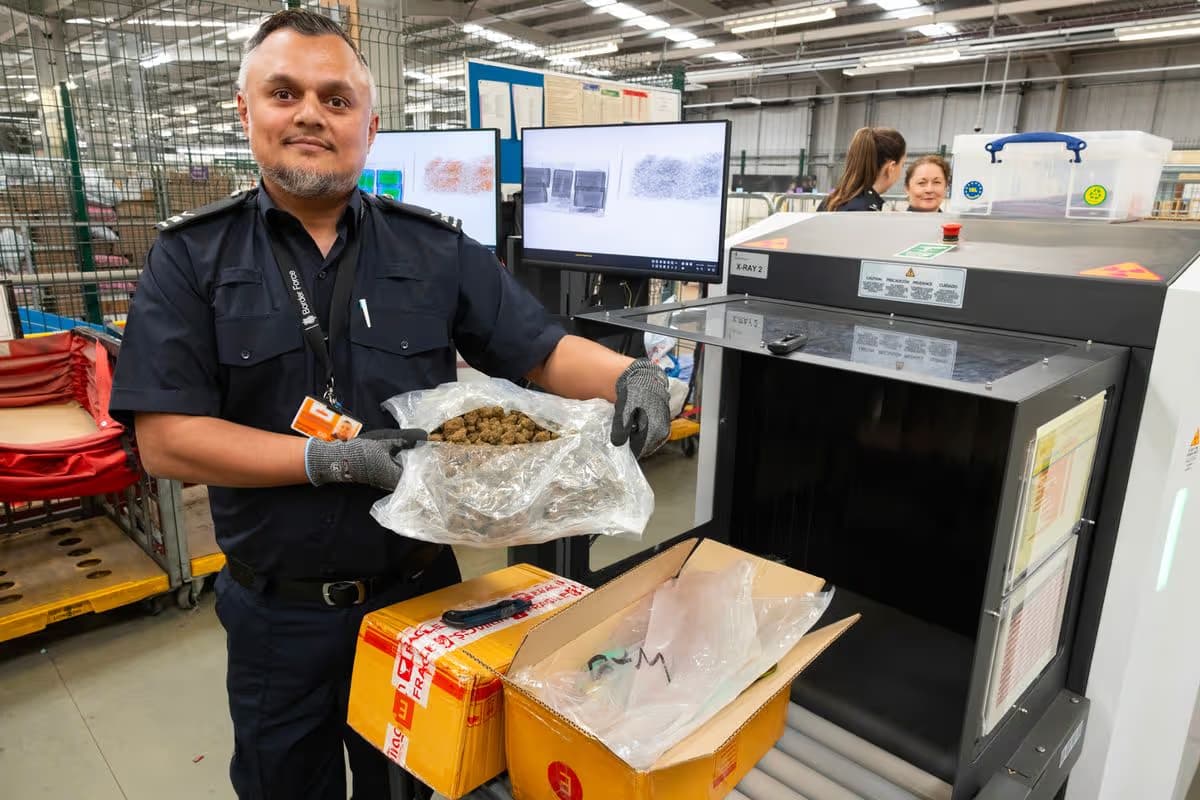 Сотрудник UK Border Force с конфискованными посылками с каннабисом из Таиланда