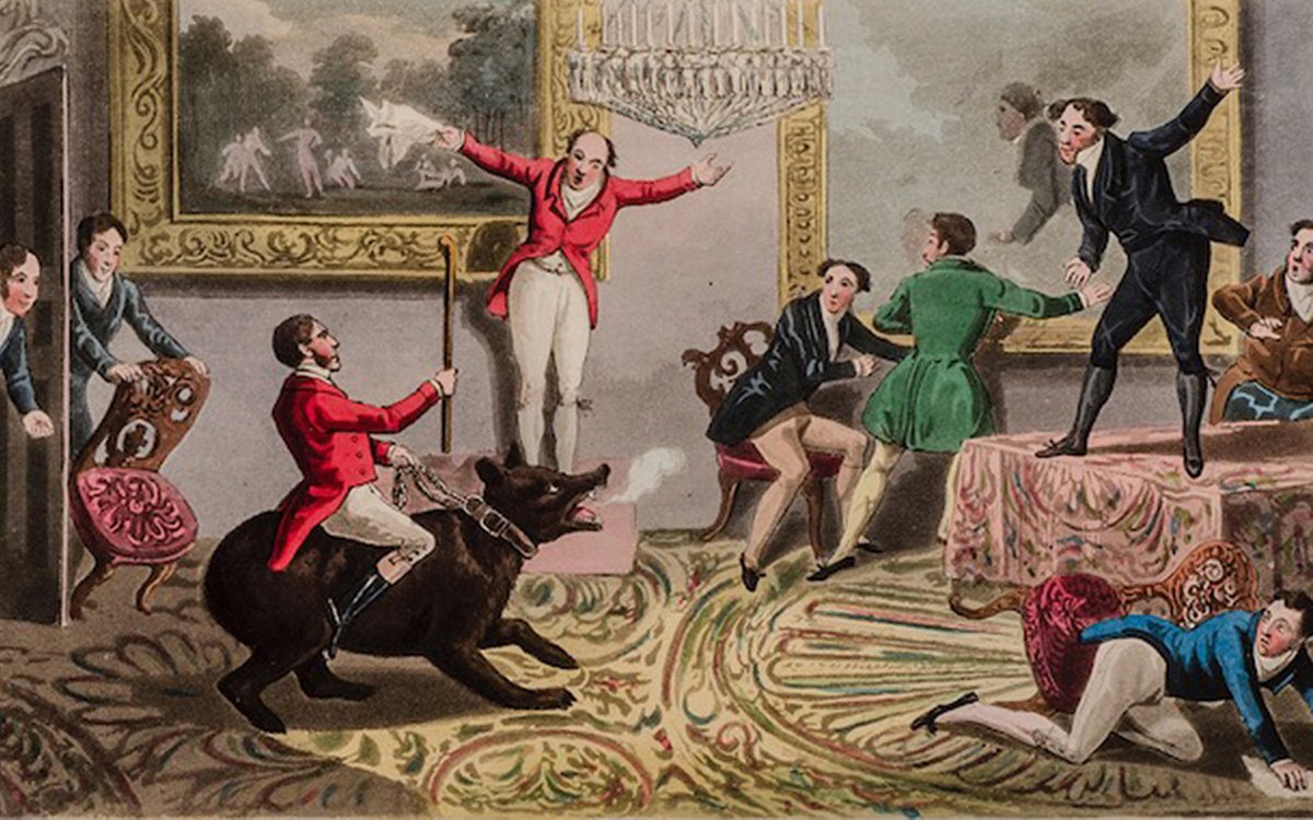 Гравюра Генри Алкена: Джек Миттон верхом на медведице Нелл въезжает в гостиную