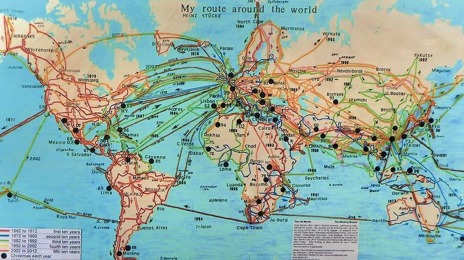 Карта всех маршрутов Хайнца Штуке &mdash; кругосветное путешествие на велосипеде 196 стран