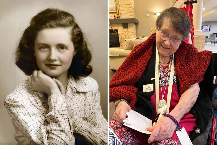 Слева молодая женщина в клетчатой блузке улыбается в 1940-е, справа пожилая женщина в красном шарфе улыбается сегодня