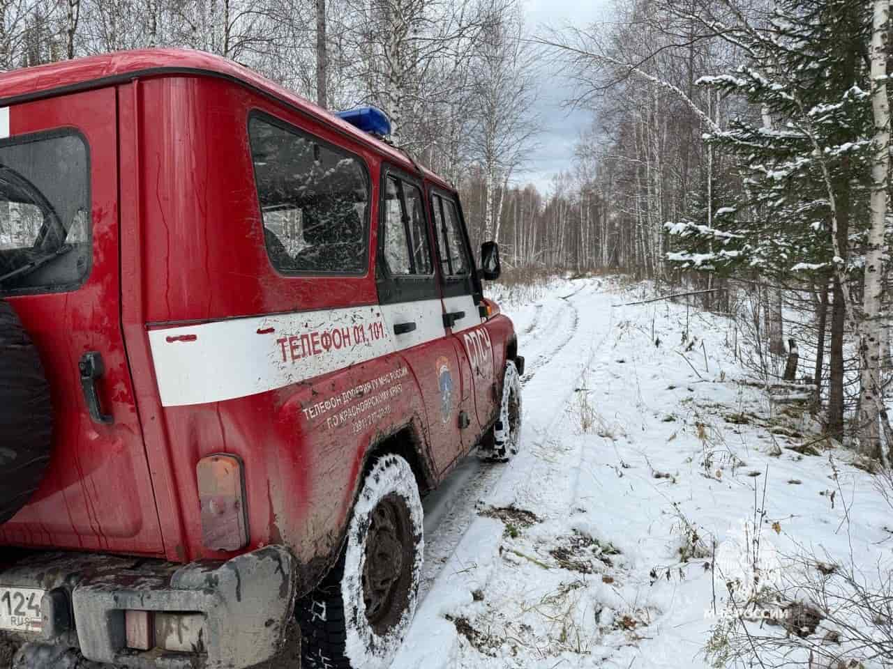 Автомобиль МЧС с включённой мигалкой на заснеженной лесной дороге, вокруг &mdash; высоченные сосны в инее