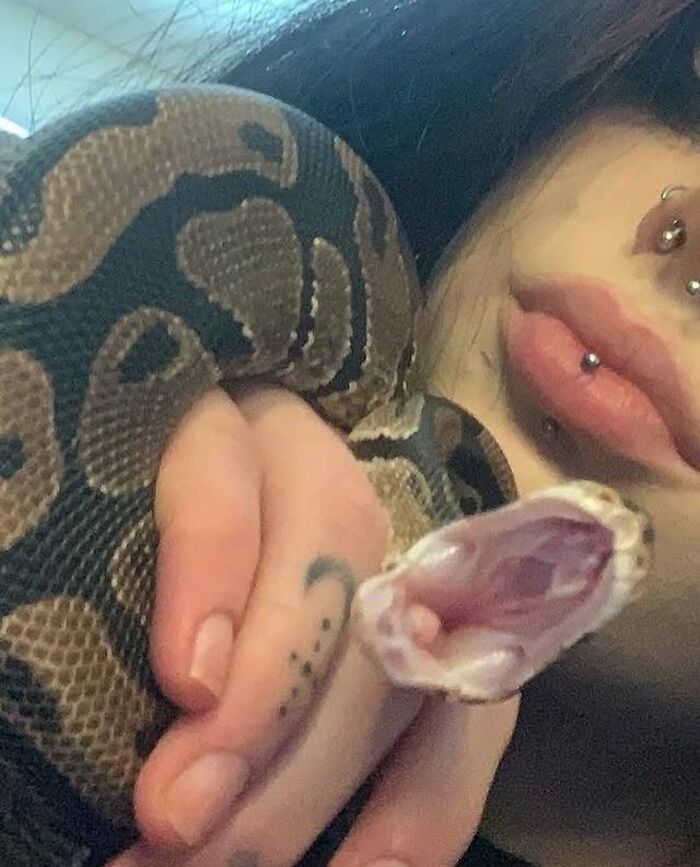 Девушка держит змею в руках — рептилия спокойна, привыкнув к хозяину