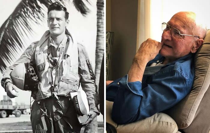 Слева молодой лётчик в форме и шлеме у пальмы, справа пожилой мужчина в очках задумчиво сидит в кресле