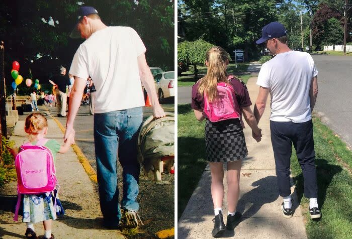 Слева отец ведёт за руку маленькую девочку с розовым рюкзаком в детский сад, справа отец держит за руку повзрослевшую дочь
