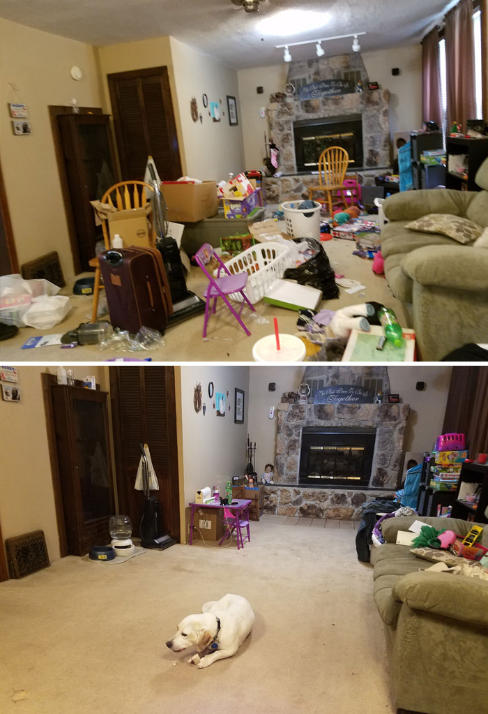 Гостиная до и после уборки в период выхода из депрессии