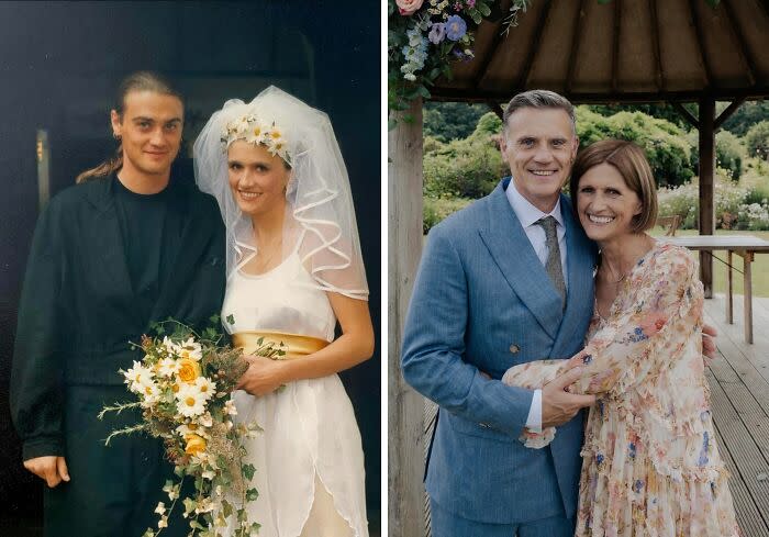 Слева молодая пара на свадьбе в 90-е, справа та же пара в зрелом возрасте на новой фотографии