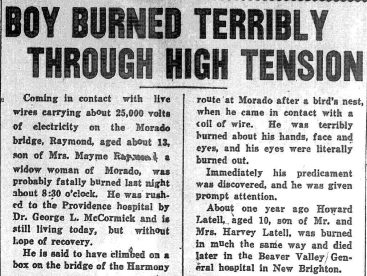 Газетная вырезка о несчастном случае с Рэймондом Робинсоном, Бивер-Фолс, 1919