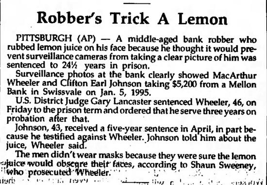 Статья Pittsburgh Post-Gazette об ограблении банков с лимонным соком 1995