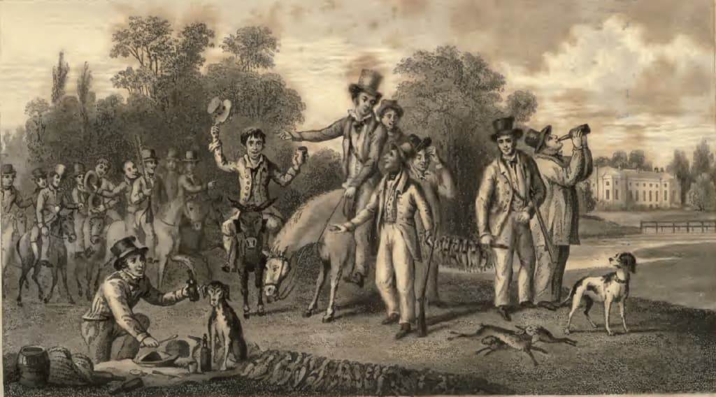 Гравюра: застолье у Миттона, эпоха Регентства, Шропшир