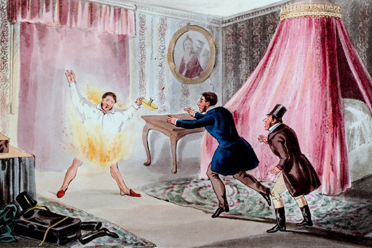 Гравюра: Джек Миттон поджигает на себе рубашку, чтобы вылечить икоту &mdash; Кале, 1830-е