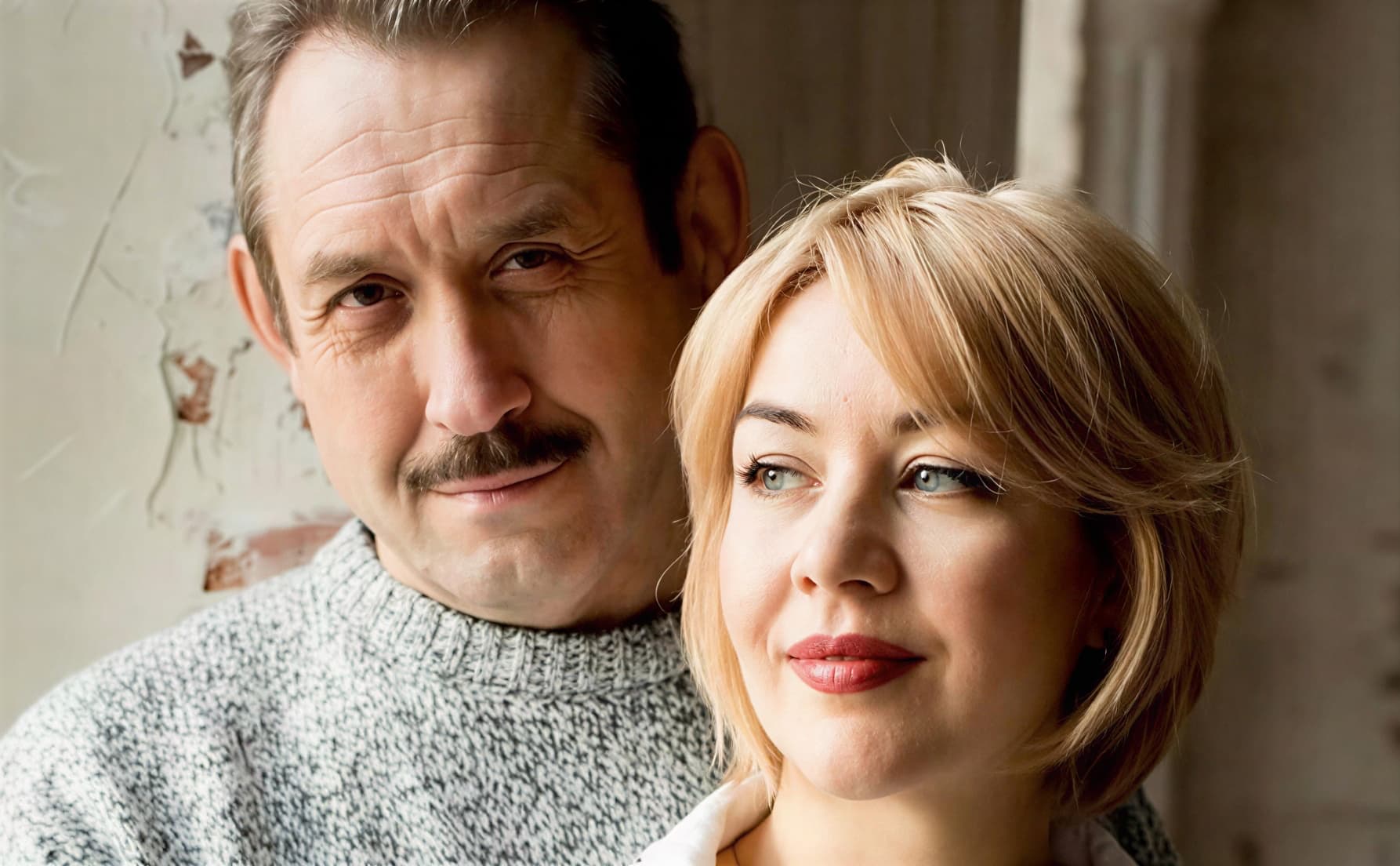 Портретная фотография: улыбающийся Сергей и Ирина Усольцевы в повседневной одежде на фоне размытого пейзажа