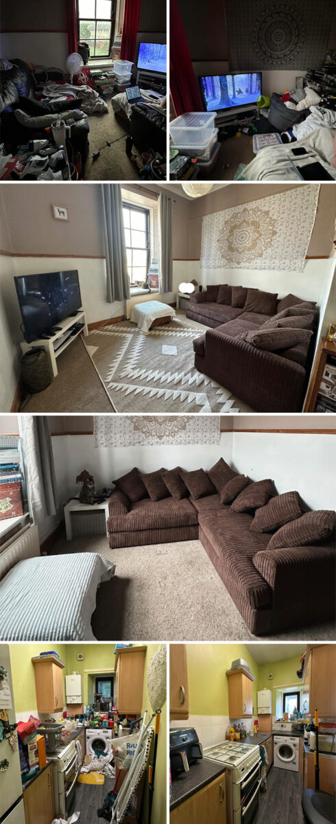 Захламлённая кухня и гостиная до уборки при длительной депрессии