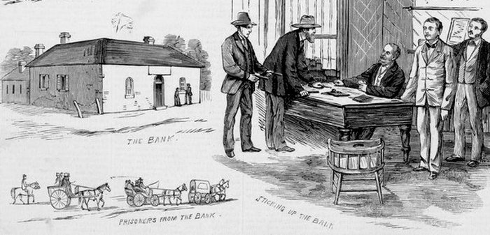 Ограбление банка в Джерилдери бандой Келли, 1879 год. Карикатура из австралийской прессы
