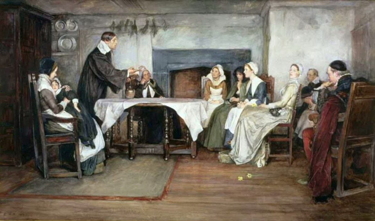 Семья пуритан слушает проповедь колониальная Новая Англия