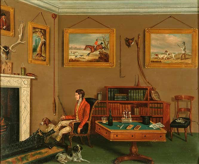 Джек Миттон у камина с собаками в Холстон-Холле, гравюра XIX века