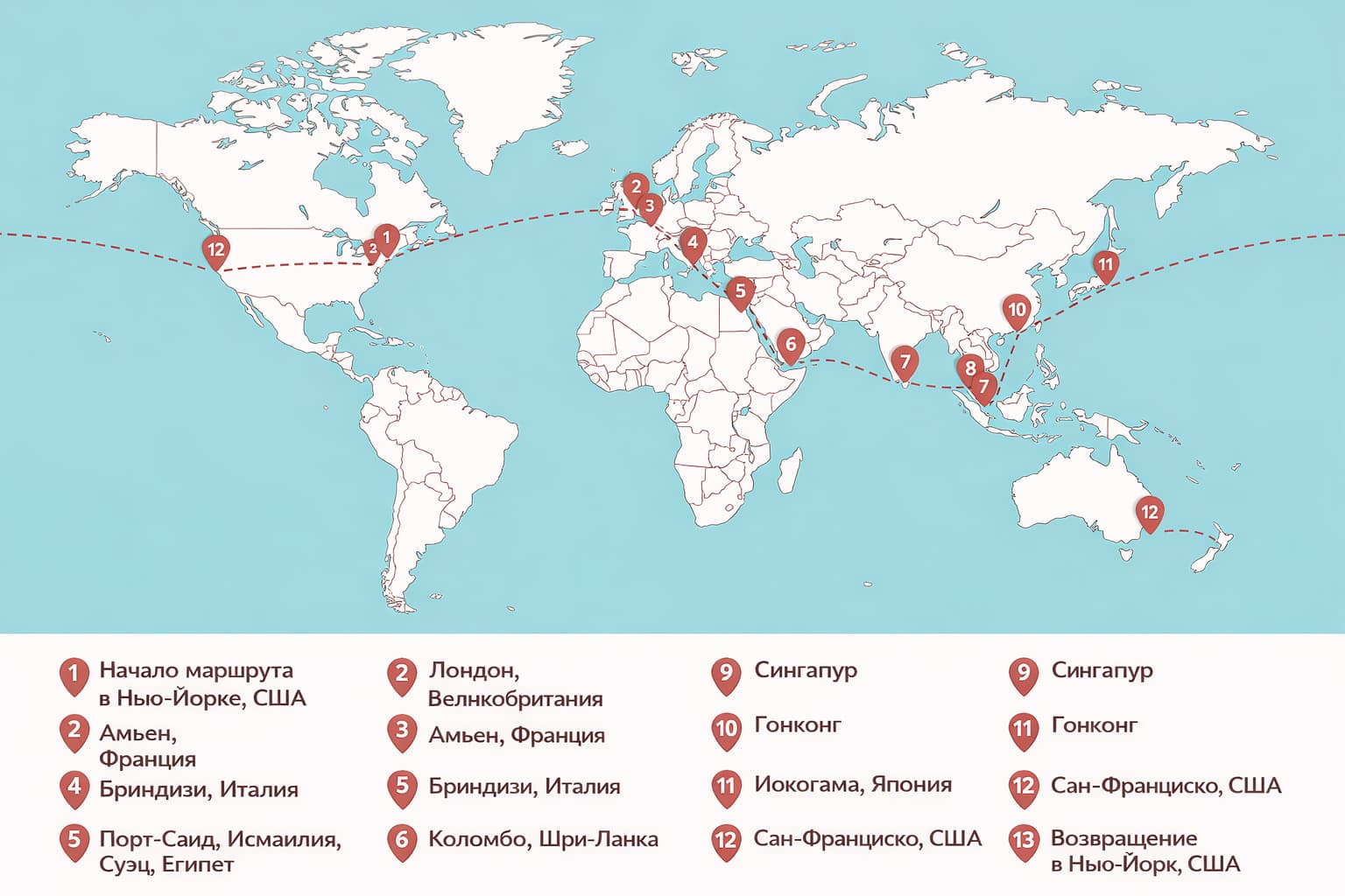 Карта кругосветного маршрута Нелли Блай, 1889&ndash;1890