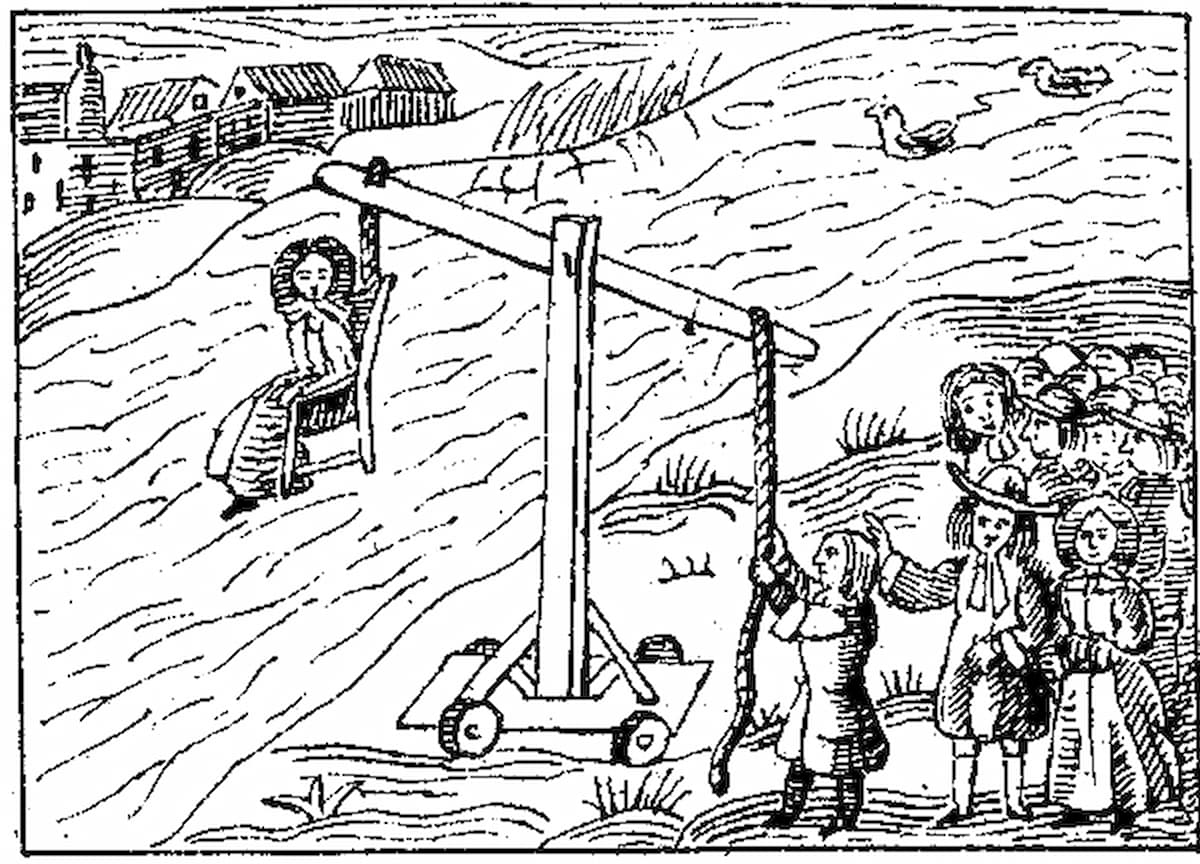 Испытание водой &mdash; подозреваемую в ведьмовстве привязывают к стулу перед погружением в реку