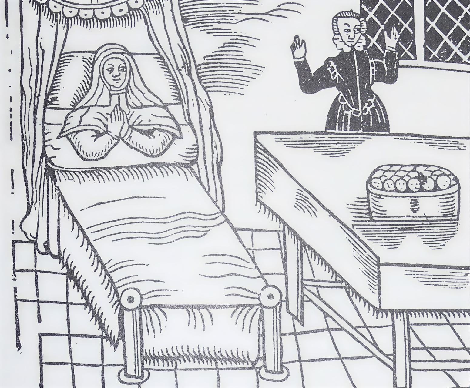 Иллюстрация из старинной рукописи, изображающая роженицу и множество младенцев в тазу