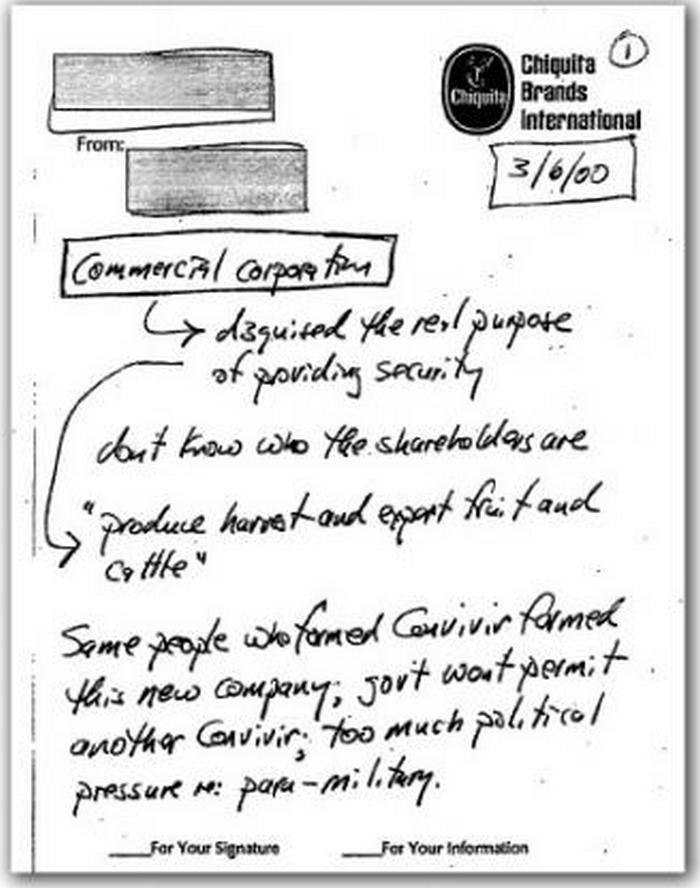 Документ на бланке Chiquita с подтверждением выплат колумбийским боевикам АКС. 2007 год
