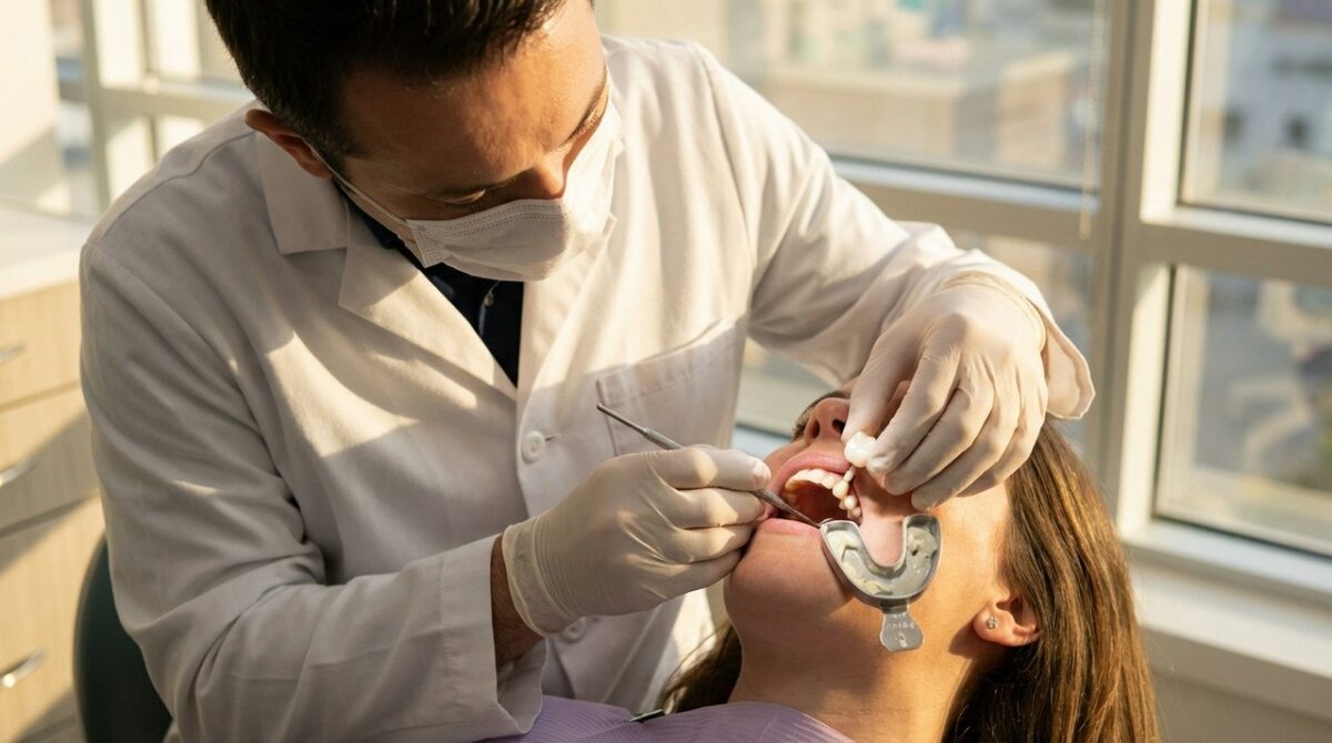 Процесс установки циркониевой коронки на зуб в стоматологической клинике