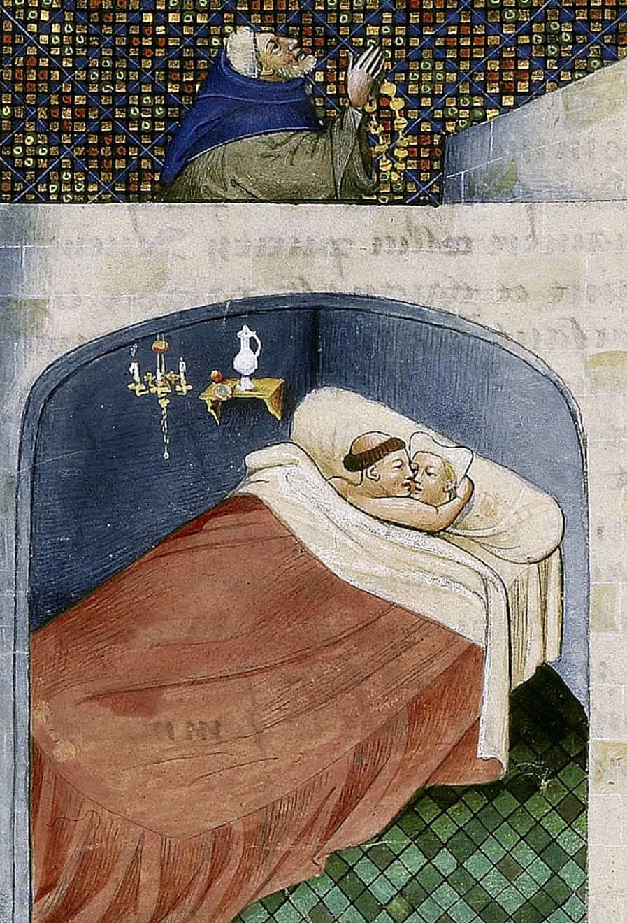 Миниатюра из Декамерона Боккаччо, монах в постели, иллюстрация XV века