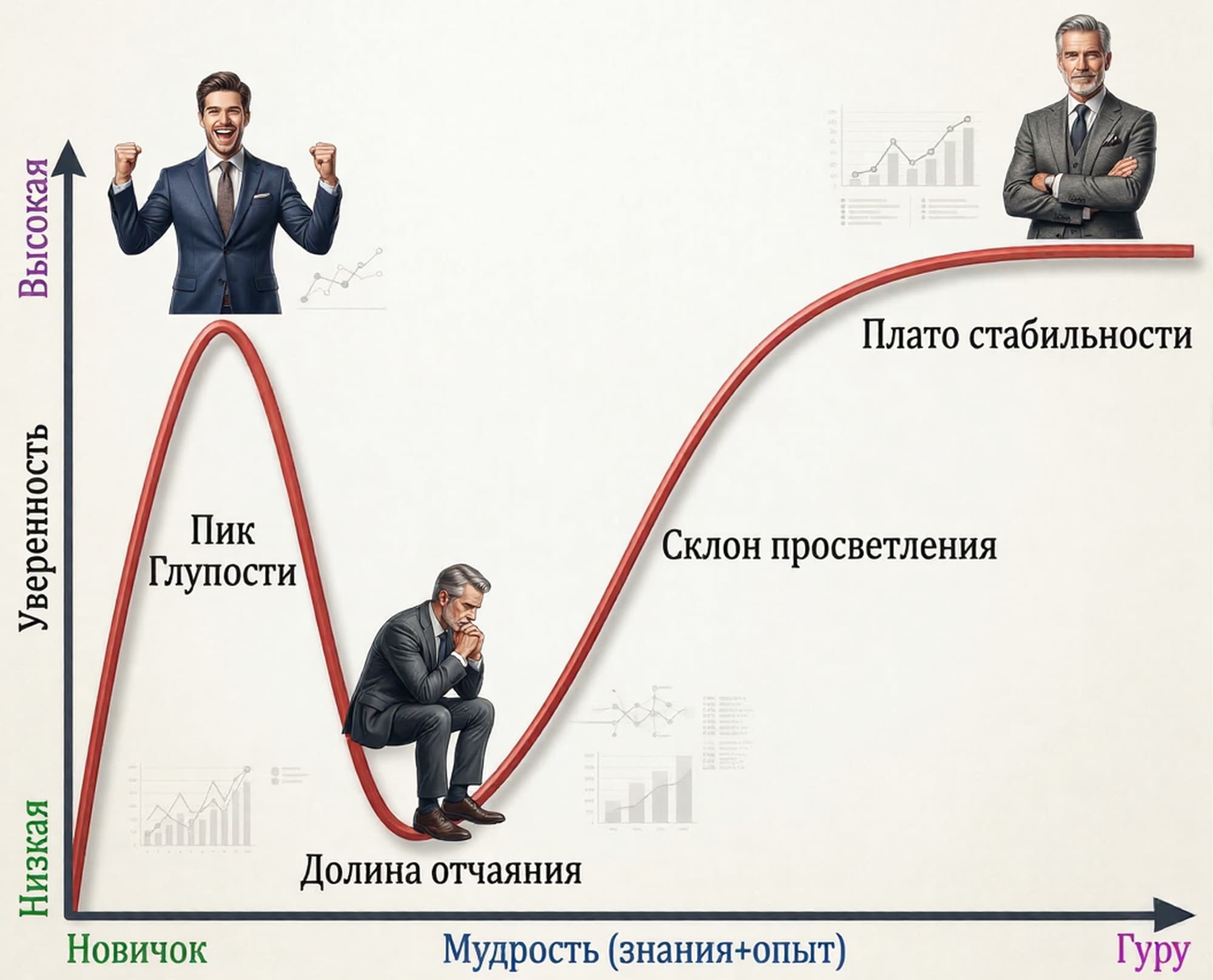 Кривая эффекта Даннинга-Крюгера: уверенность против реальной компетентности