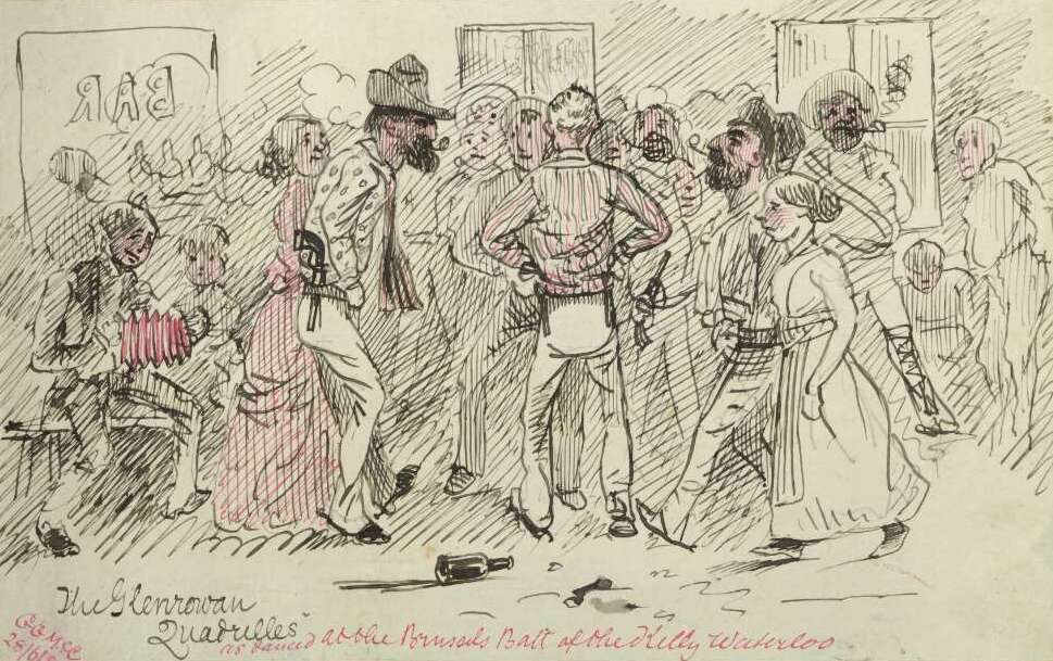 Банда Келли развлекает заложников. Карикатура австралийской прессы, конец 1870-х годов