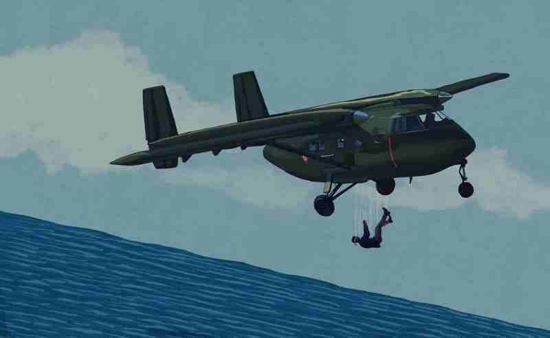 Иллюстрация: человек падает из самолёта над морем &mdash; символ полётов смерти