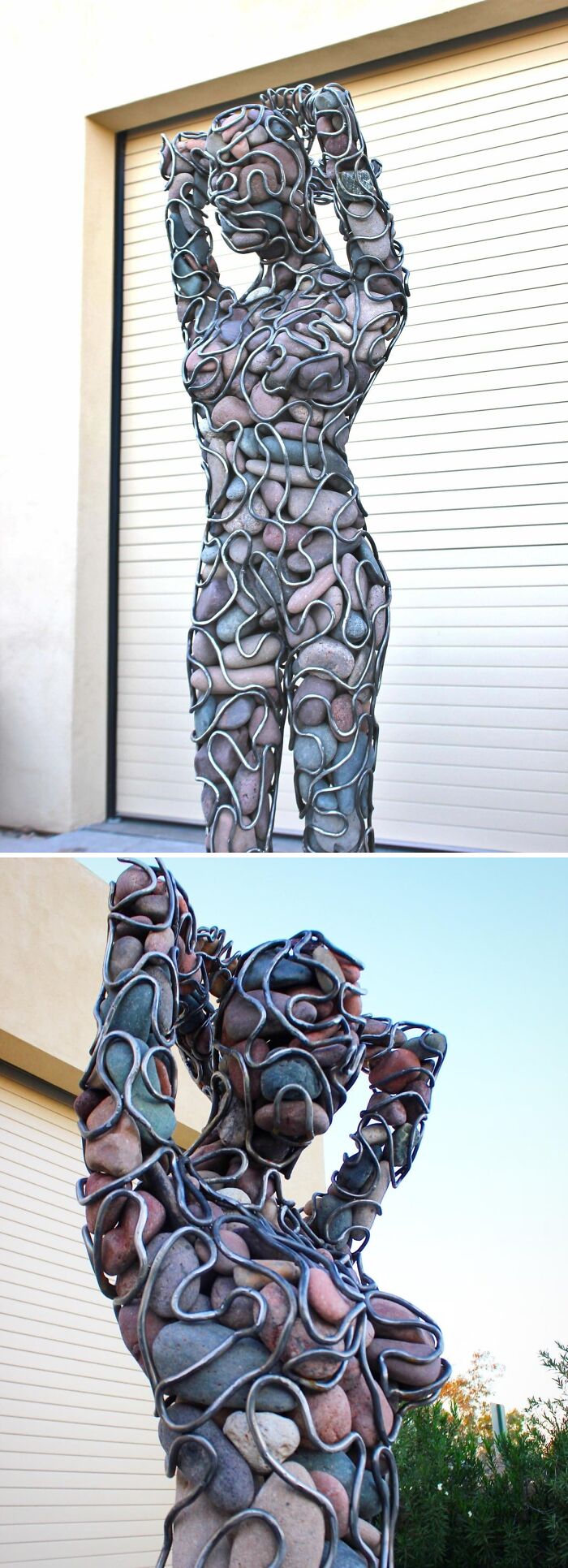 Высокая женская фигура из проволоки и камней у гаража, уличная скульптура