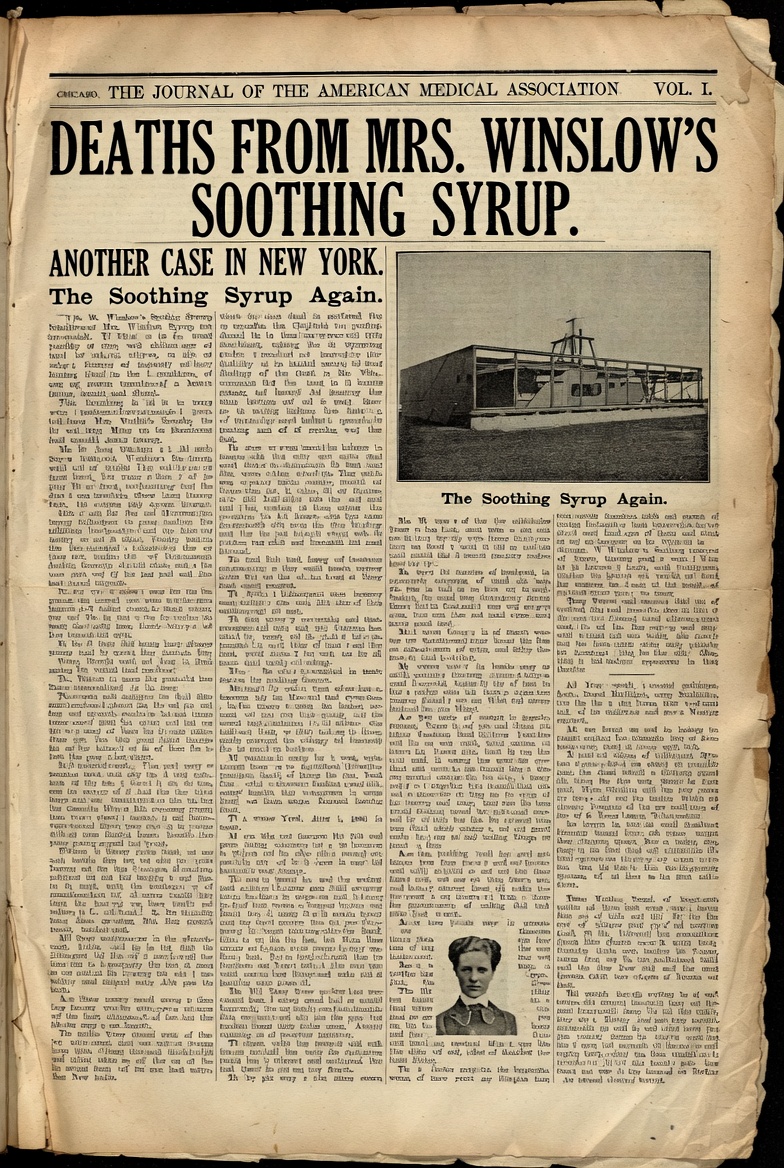 Страница журнала JAMA 1880-х годов с заголовком о гибели детей от сиропа миссис Уинслоу