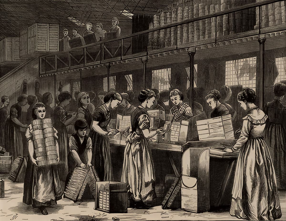 Идеализированный взгляд на рабочих фабрики спичек Bryant and May, из журнала «The Illustrated London News», 1871 год.