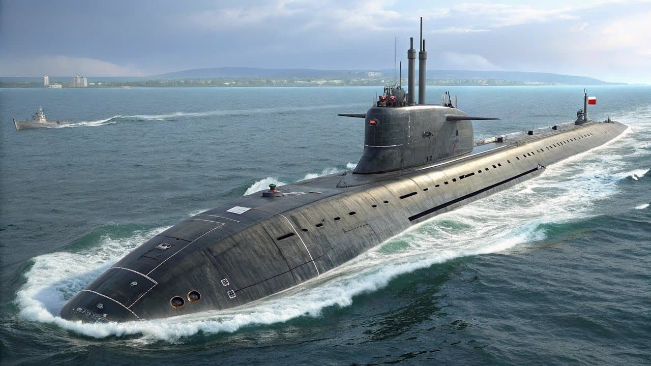 Атомная подводная лодка класса Борей выходит в море из базы. Видны надстройки и рубка.