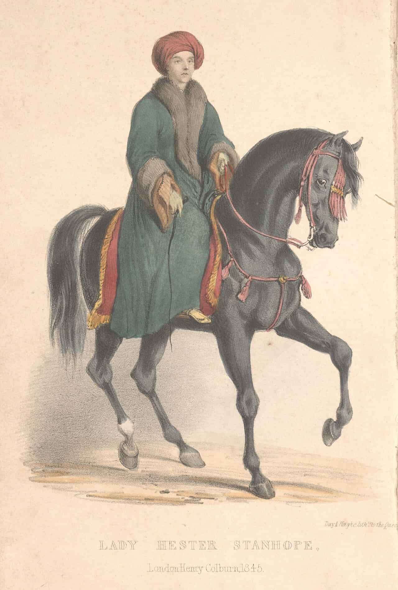 Эстер Стэнхоуп верхом на коне в восточном костюме, иллюстрация из мемуаров