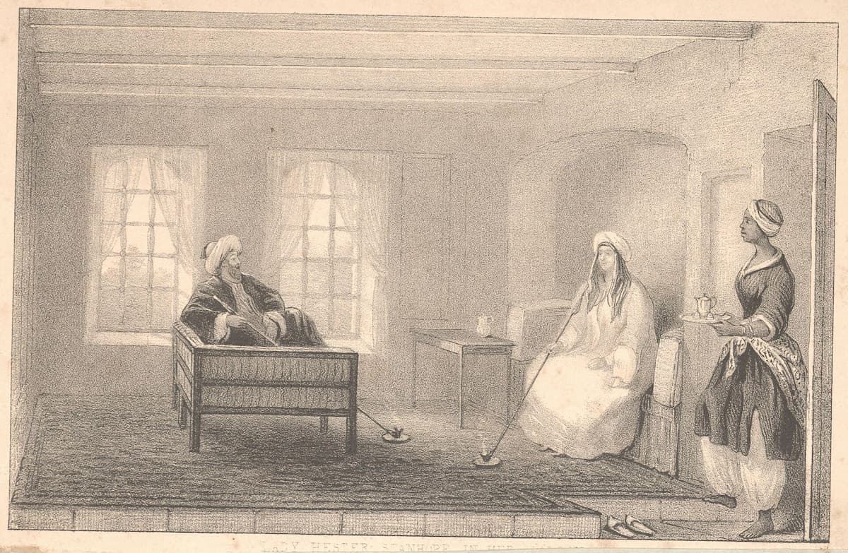 Леди Эстер Стэнхоуп принимает гостя в своём салоне на Ближнем Востоке, иллюстрация из мемуаров