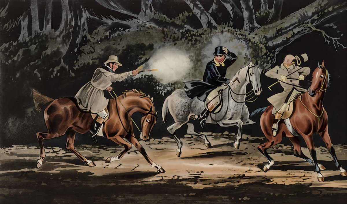 Гравюра Генри Алкена: Миттон с пистолетами грабит священника и врача на дороге из Холстон-Холла