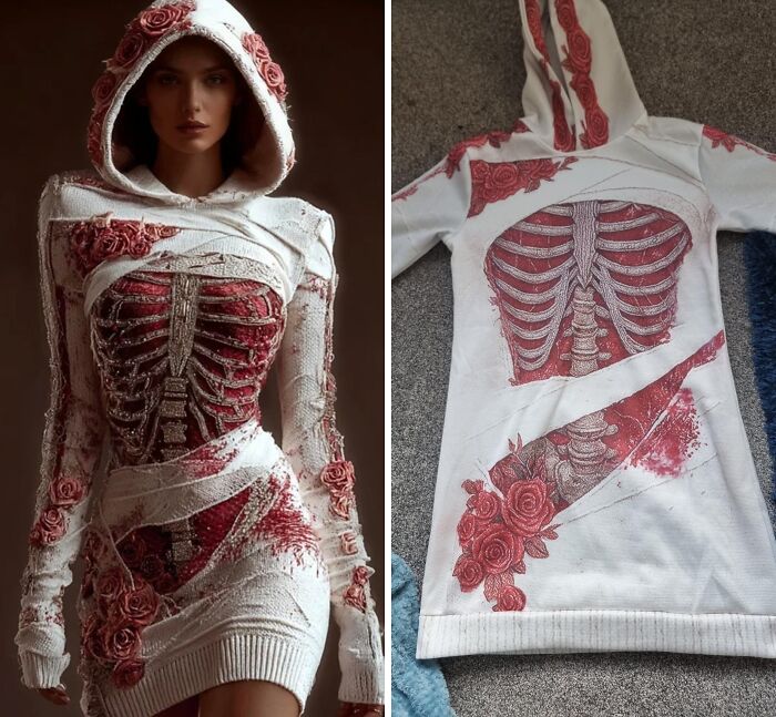 Генерированная модель в платье с розами и скелетом vs худи с кривым принтом